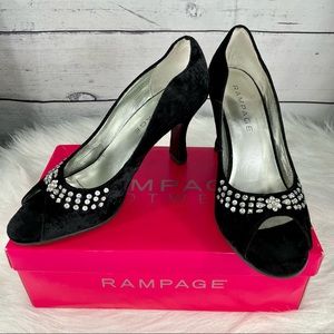 RAMPAGE Velvet Rhinestone Peep Toe Heels, Black, Original Box